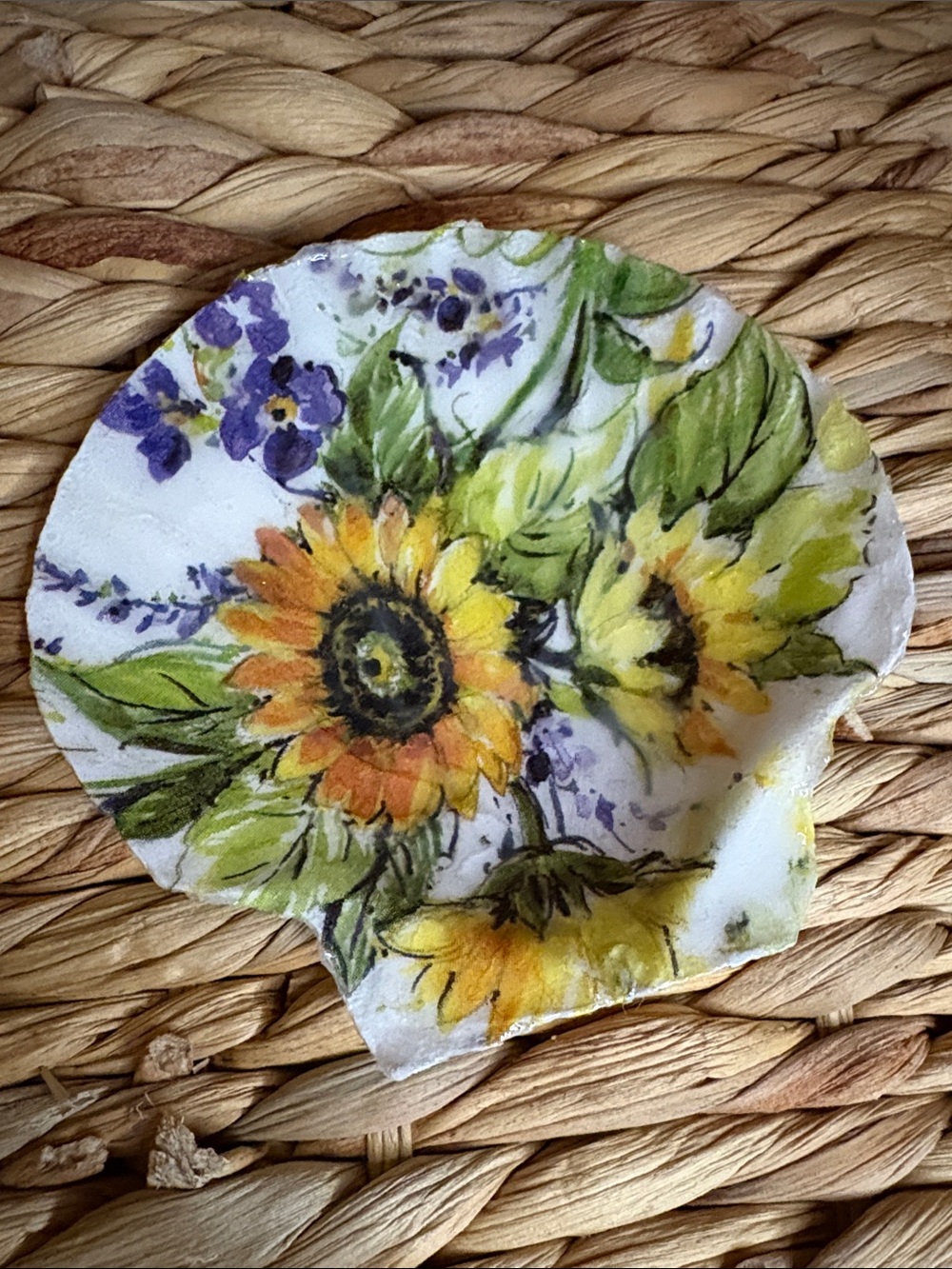 Hand Crafted Yellow and Purple Sunflower Decorative Shell Dish